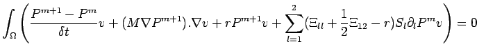 $\displaystyle \int_\Omega \left( \displaystyle\frac {P^{m+1}-P^m}{\delta t} v +...
...+ \sum_{l=1}^2 (\Xi_{ll} +\frac 12 \Xi_{12} -r)S_l \partial_l P^m v \right) = 0$